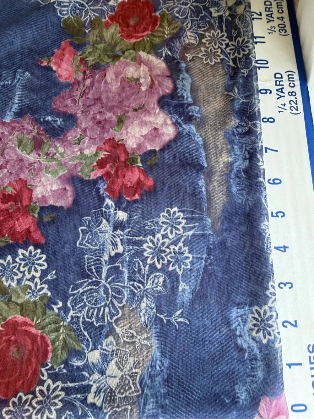 Y2K Denim Rose Lace Print Stretch Mesh Fabric 4 Yards 54” Semi Sheer